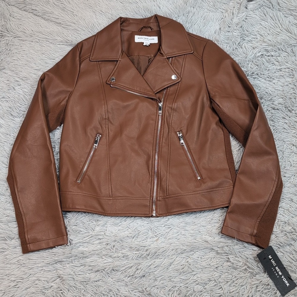 Marc New York Jacket Womens M Brown Faux Leather Coat Asymmetrical Zip‎ Up New